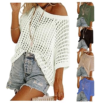 Baimiu Crochet Tops for Women Oversized 3/4 Sleeve Sweater